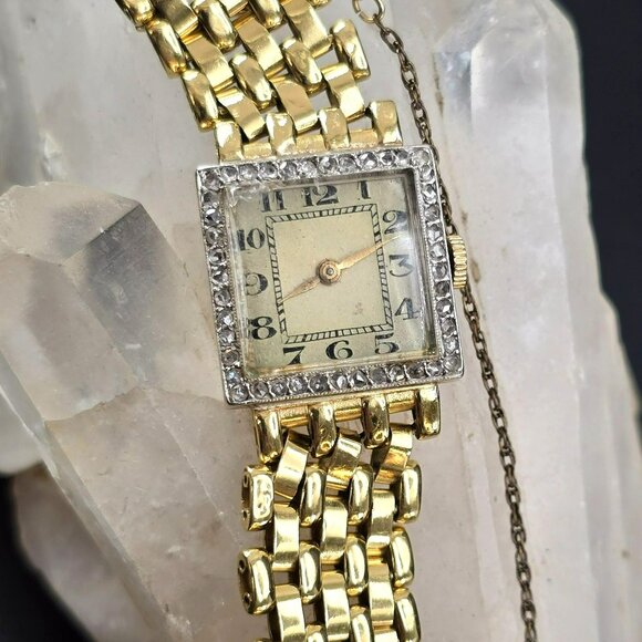 Vintage 18k Gold Womens Square Diamond Watch with Safety Chain HS173 - Picture 3 of 15